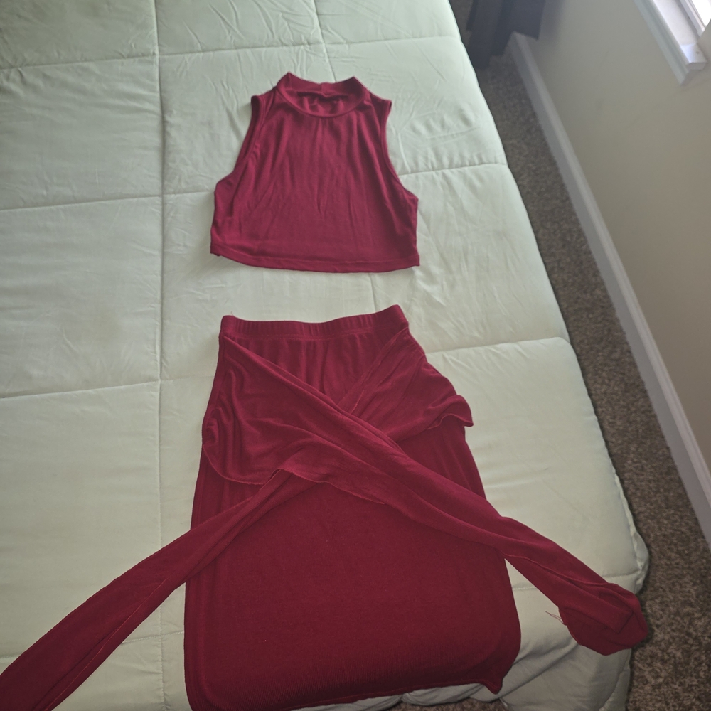 SHEIN Crimson Sleeveless Crop Top and Wrap Skirt Set